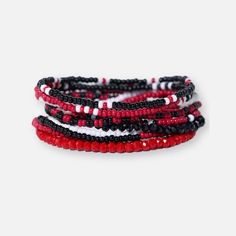 Game Day Color Block Beaded 10 Strand Stretch Bracelets Red + Black Red And Black Bracelets, Bracelets Red, Bracelet Stacks, Bracelet Pack, Fun Bracelet, Human Hands, Sage Color, Minimal Aesthetic, Black Bracelets