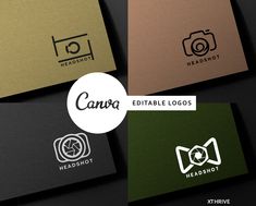 four different logos with the words camera and logo design on them, all in various colors