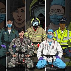 four different images of people wearing face masks and medical garb, with police in the background