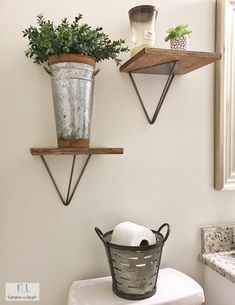 two potted plants are hanging on the wall next to a metal bucket and toilet paper holder