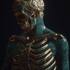 a bronze statue of a skeleton with chains around it's neck and chest, in front of a black background