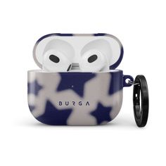 an apple airpods case with blue and white stars on it, in the shape of two