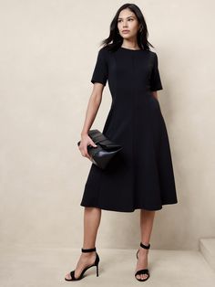 Soft Touch Scuba Seamed Midi Dress | Banana Republic Factory Wedding Photographer Attire, Dresses For Women Classy, Classic Black Dress, Business Formal Dress, Black Dress With Sleeves, Scuba Fabric, Scuba Dress, Essential Dress, Navy Midi Dress