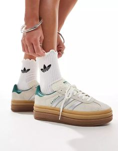 adidas Originals Gazelle Bold sneakers in cream and silver with gum sole | ASOS City Break Outfit, Adidas Casual, Converse Chuck Taylor White, Flip Flop Boots, Leopard Print Baby, Baskets Adidas