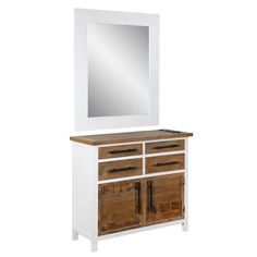 a white and brown dresser with mirror on top