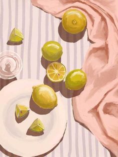 a painting of lemons on a white plate and striped table cloth next to a pink towel