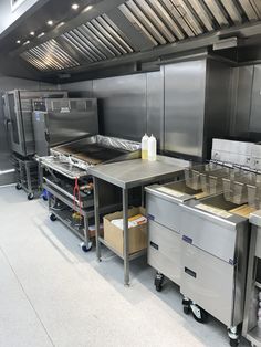 an industrial kitchen with stainless steel appliances and cabinets