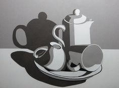 the shadow of a teapot and cups on a plate