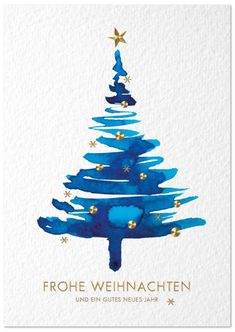 a blue christmas tree card with gold stars on it and the words, frohe wei