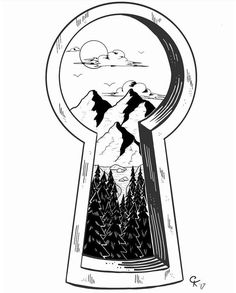 a keyhole with mountains and trees in the background, as if it were drawn by hand