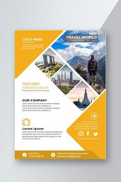 a yellow and white travel flyer with photos on the front, an image of a man standing