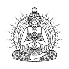 a woman sitting in the lotus position with her hands together and four chakras around her