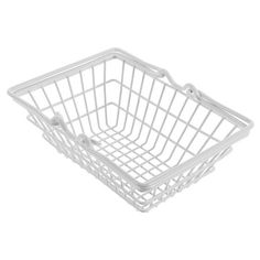 a white wire basket on a white background with clipping for the handlebars