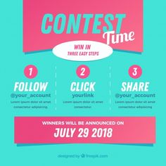 the contest poster for contest contest with three steps to win and two words below it