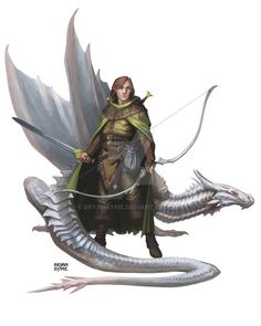 a woman is standing on top of a dragon with a bow and arrow in her hand