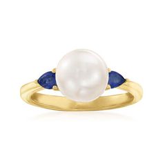 Ross-Simons - 8mm Cultured Pearl, .30ct t.w. Sapphire Ring Over Sterling. Size 8. Give your pearl collection a pop of color! This ring features an 8mm cultured freshwater pearl sided by .30 ct. t.w. pear-shaped sapphires in polished 18kt yellow gold over sterling silver. 3/8" wide. Sapphire and white pearl ring. Pearl birthstones are the perfect gift for June birthdays.