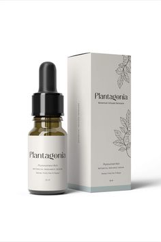 a bottle of plantagonia essentials oil next to a box on a white background