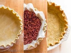 three pie pans with different types of food in them on a wooden table next to each other