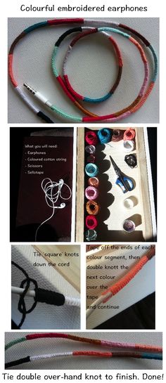 the instructions for how to make bracelets with colored thread and buttons, including an earphone