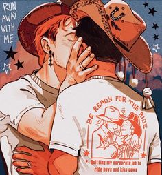 two people are kissing each other with cowboy hats on their heads and stars in the sky behind them