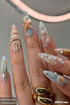 Gorgeous Chic Sea Shell Acrylic Nails for Summer Vacation Fake Gel Nails, Seashell Nails, Sea Nails, Coffin Press On Nails, Thanksgiving Nails, Beach Nails, Luxury Nails, 3d Nails, Gorgeous Nails