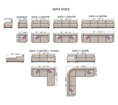 the sofa sizes are shown with different types of seats and loveseat, along with measurements for each seat