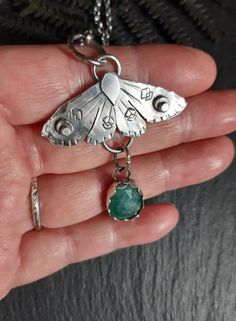 Sheet Metal Jewelry Ideas, Silversmithing Jewelry Ideas, Silversmith Pendant, Silver Clay Jewelry Ideas, Silver Clay Jewelry, Trinket Necklace, Magnifying Glass Necklace, Moth Necklace, Jellyfish Pendant