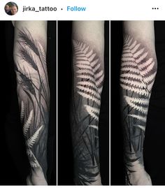 three different views of a fern tattoo on the left arm and forearm, with white ink