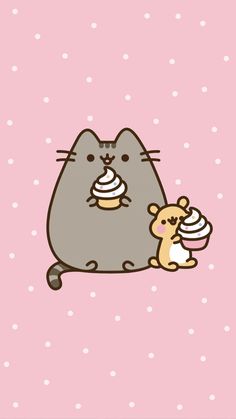 a cat and a mouse on a pink background with polka dotty dots, one is eating an ice cream cone