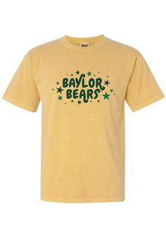 Let everyone know who you root for in this Baylor Bears Yellow Star Short Sleeve T-Shirt! This Baylor Short Sleeve Tee features a screen print team name surrounded by stars. Comfort Colors brand, 100% ring spun cotton, Soft hand, washed garment dyed fabric, Double needle collar, armhole, sleeve and bottom hems, Twill taped neck and shoulders, Twill joker label, Screen print, 100% Cotton, 4 School Club Tee Shirt Designs, Club Tshirt Designs Schools, Academic Team Shirts Ideas, College Tshirt Designs Shirt Ideas, School Club Tshirt Designs, Cute College Shirts, Stuco Shirts Design Student Council, College Shirts Design, School Shirts Designs