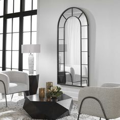 Uttermost Dillingham Black Arch Mirror 10505 – Lighttrends.com Black Arch Mirror, Black Arch, Uttermost Mirrors, Focal Wall, Industrial Loft, Arched Windows, Black Metal Frame