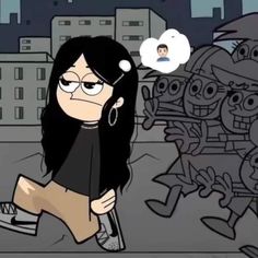 a cartoon girl walking down the street in front of some people with faces drawn on them