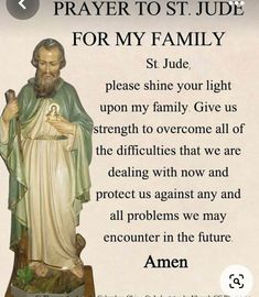 a statue of jesus with the words prayer to st jude for my family