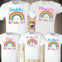 three t - shirts with rainbows and the words mommy, get this birthday girl