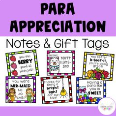 the spanish version of para appreciation notes and gift tags for kids to use in their classroom