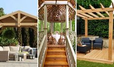 three different types of wooden gazebos in the garden and on the patio, with chairs around them