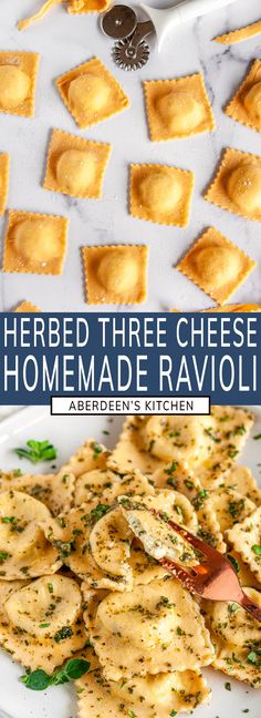 homemade ravioli with parmesan cheese and herbs on the top is shown in this collage