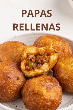 some food on a white plate with the words papas rellenas above it