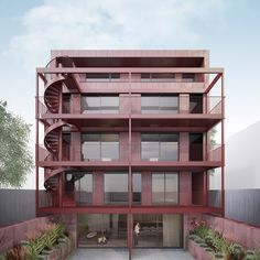 an artist's rendering of a red building with balconies