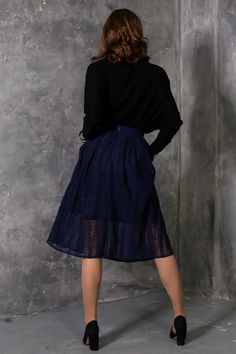 Dark blue lace skirts with side pockets ➤ Features > Skirt length - 66cm (25,98'') - 72cm (28,34'') > Skirt with lining > Knee length ➤ Sizing My Size Guide in FAQ section below will help you define the perfect size match. The item can also be made according to your measurements - just message them to me. ➤ Delivery Your item is made-to-order and will be ready within 2-7 days. Average delivery times: > North America: up to 1-2 weeks > New Zealand, Australia: up to 2-3 weeks > E Blue Flared Skirt With Lining, Blue Midi Skirt With Pockets, Blue Flared Bottoms With Lined Skirt, Blue Full Skirt For Workwear, Blue Pleated Full Skirt, Chic Blue Knee-length Skirt, Chic Blue Lined Wrap Skirt, Blue Midi Skirt With Comfort Stretch, Chic Blue Skirt With Pockets