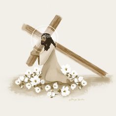 a painting of jesus carrying the cross and flowers