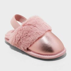 Add a touch of sparkle and warmth to your toddler's feet with these Lila Metallic Scuff Slippers from Cat & Jack™. These scuff slippers are designed with a metallic closed-toe upper with faux-fur trim and cozy lining for all-day comfort. The slip-on style with an open back and a heel strap plus an indoor/outdoor outsole for all-purpose wear complete the design. Cat & Jack™: Designed for all children so you can trust it's made for yours. Plastic Shoes, Clog Slippers, Loafer Slippers, Cat & Jack, Toe Designs, Fur Trim, Strap Heels, Kid Shoes, Kids Shoes