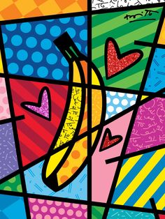 a painting of a banana with hearts and arrows on it's side, against a multi - colored background