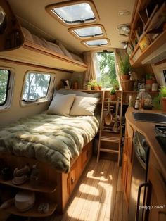 the interior of an rv with sun shining through the windows and lots of storage space