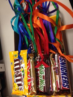 candy bars and streamers are on the counter