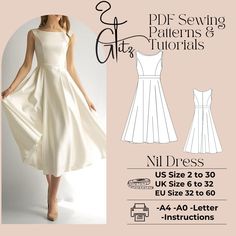 a woman in a white dress with the text, sewing patterns and instructions