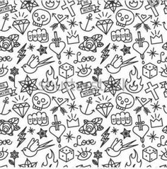 black and white seamless pattern with skulls, hearts, stars and other symbols on a white background