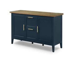 a blue cabinet with wooden top and two doors on one side, in front of a white background