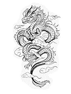 a black and white drawing of a dragon