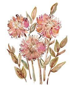 watercolor painting of pink flowers with green leaves